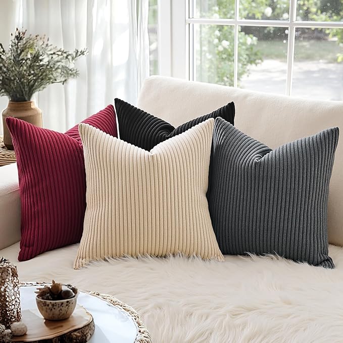 MIULEE Decorative Corduroy Throw Pillow Covers Set of 2 18x18 Burgundy | Soft Striped Textured Cushion Cases, Boho Energetic Vibe Pillowcases for Home Decor, for Couch Chair Sofa Bed Living Room