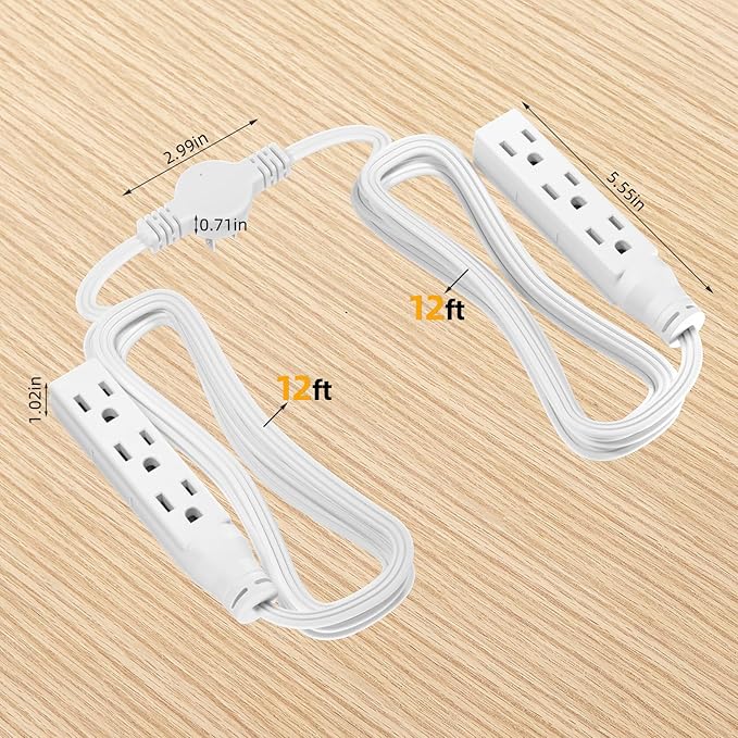 STARELO Twin Extension Cord Receptacle, 24FT, Flat Plug Extension Cord with 6 3-Prong Receptacles, 12FT Long on Each Side,Twin Extension Cord for Behind Beds, Sofas,Dressers, Furniture,etc(White)