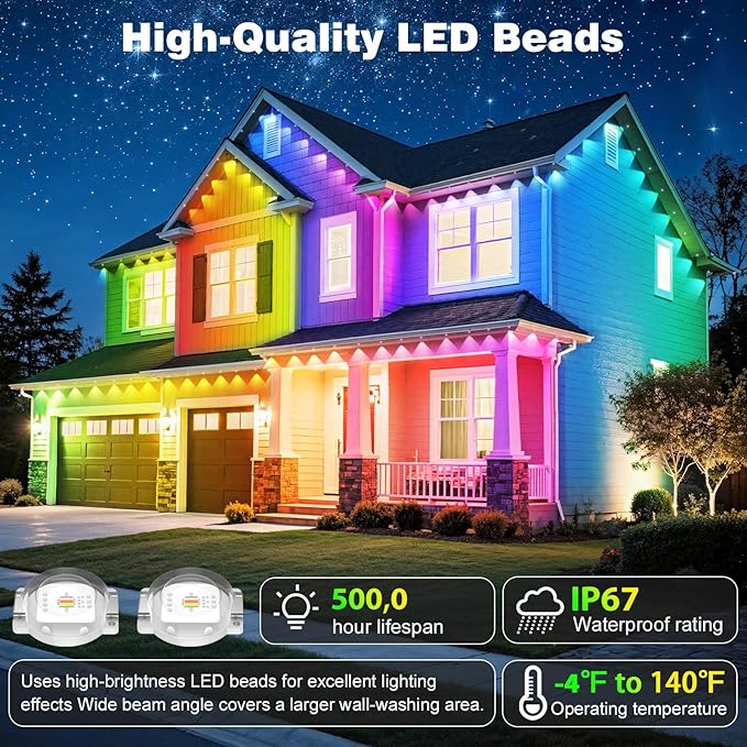 LITSOUL 200FT Permanent Outdoor Lights for House Waterproof, Smart RGB Eave LED Lighting with 16 Million Colors, IP67 Outdoor Strip Lights for Christmas Halloween Holiday Daily Decorations (60m/200ft)