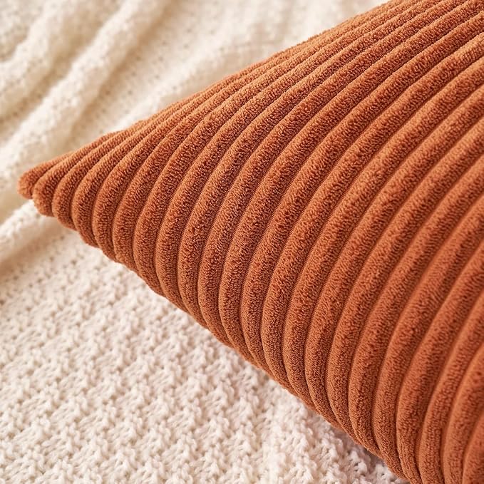 MIULEE Fall Decorative Corduroy Throw Pillow Covers Set of 2 16x16 Rust | Soft Striped Textured Cushion Cases, Boho Rustic Square Pillowcases for Home Decor, for Couch Chair Sofa Bed Living Room