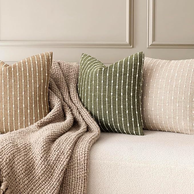 Foindtower Pack of 2 Decorative Jacquard Boucle Throw Pillow Covers Accent Textured Striped Pillowcases Soft Boho Modern Cushion for Couch Sofa Bedroom Living Room Home Decor 20x20 Inch Olive Green