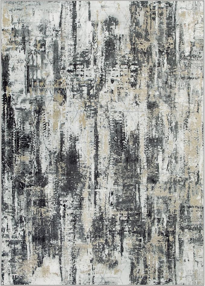 8x10 Area Rugs Washable Rug: Large Modern Abstract Living Room Rug Soft Anti-Skid Thin Carpet Indoor Floor Non-Shedding Carpets for Bedroom Dining Farmhouse Nursery Home Office Black Grey Gold