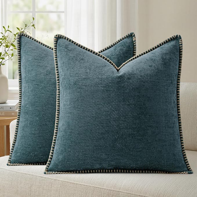 a moment Pack of 2 Decorative Chenille Throw Pillow Covers with Twill Cushion Covers for Sofa Living Room Couch Bed 16x16 Inch,Crafted Border Dark Teal