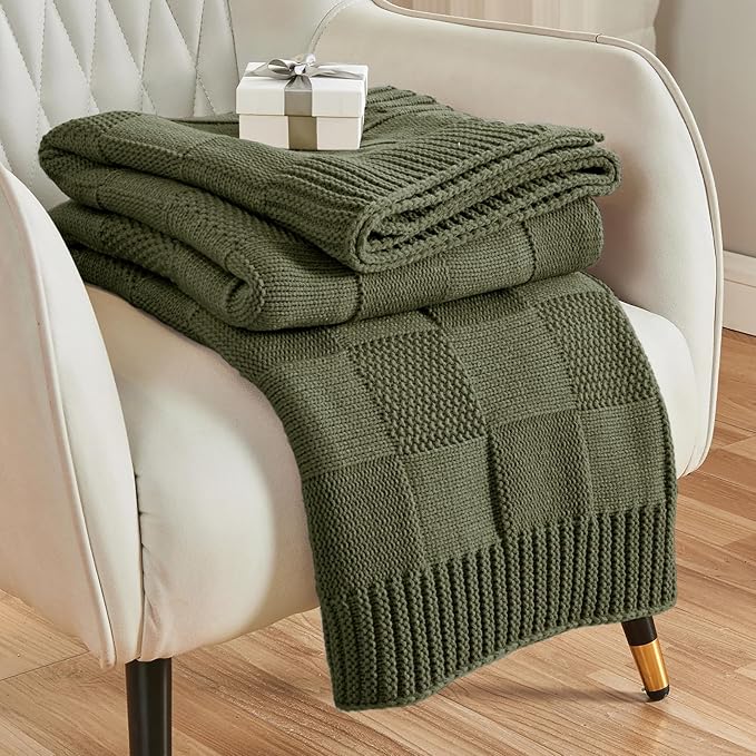 CozeCube Olive Green Knitted Checkered Throw Blanket 50"X60" | Check Knit Throw for Couch, Decorative Christmas Soft Cozy Warm Blanket for Bed Sofa Living Room