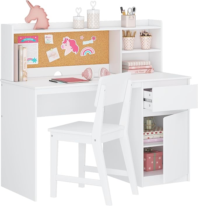 UTEX Wooden Kids Desk and Chair Set with Hutch and Storage for Ages 5-12 | Kids Study Table with Cork Bulletin Board, School Desk, Multi-Zone Storage, Water-based Paint Finish for Study Room