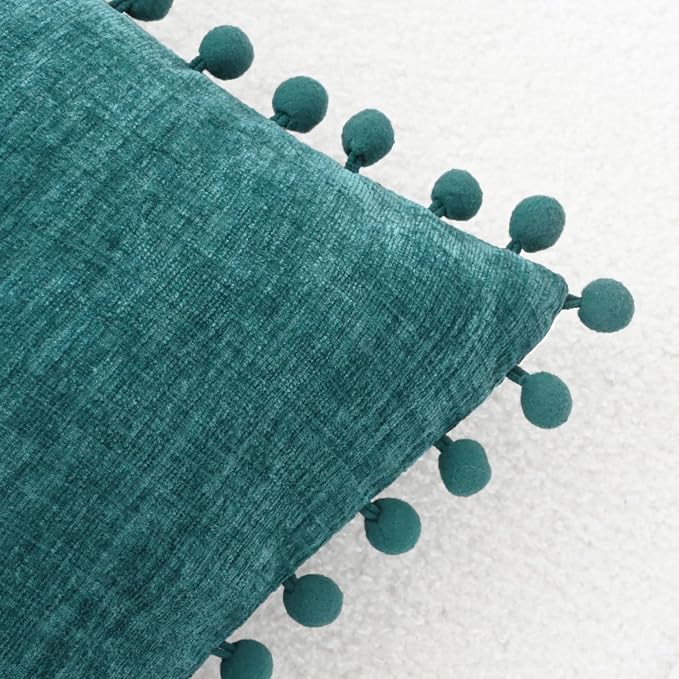 CaliTime Decorative Couch Throw Pillow Covers 18 X 18 Inches Teal | Pack of 2, Cozy Chenille Cushion Cases, with Pom Poms for Sofa Bed Living Room Farmhouse Home