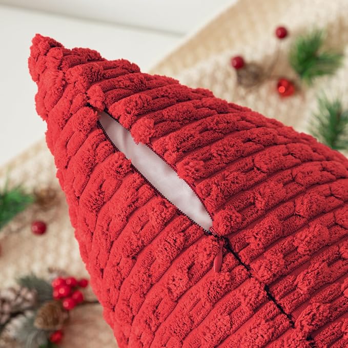 Kevin Textile Soft Corduroy 12"x20" Lumbar Pillow Cover 1 Pack, Red | Boho Stripe Plush Corduroy Decorative Oblong Cushion Cover Modern Farmhouse Home Decor for Sofa Couch Bed Chair