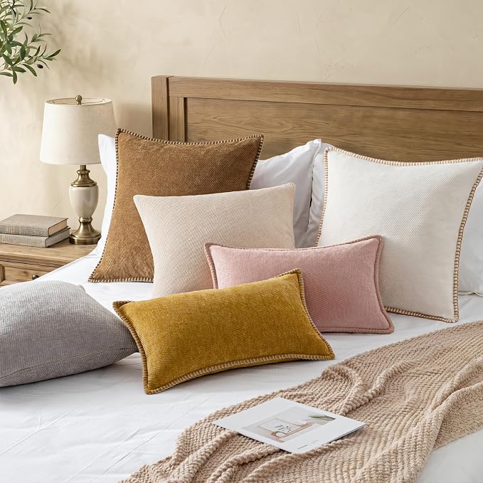 a moment Pack of 2 Decorative Chenille Throw Pillow Covers with Twill Cushion Covers for Sofa Living Room Couch Bed 22x22 Inch,Crafted Border Blush Pink