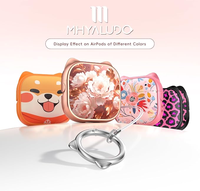 for AirPods 4 Case with Cleaning Kit, Cute Cat Ear Print Design & Cute Buckle, Inverted Phone Holder Design, Top Safe Lock Buckle Design, for Girls AirPods 4 case 2024, Rose Gold Peony