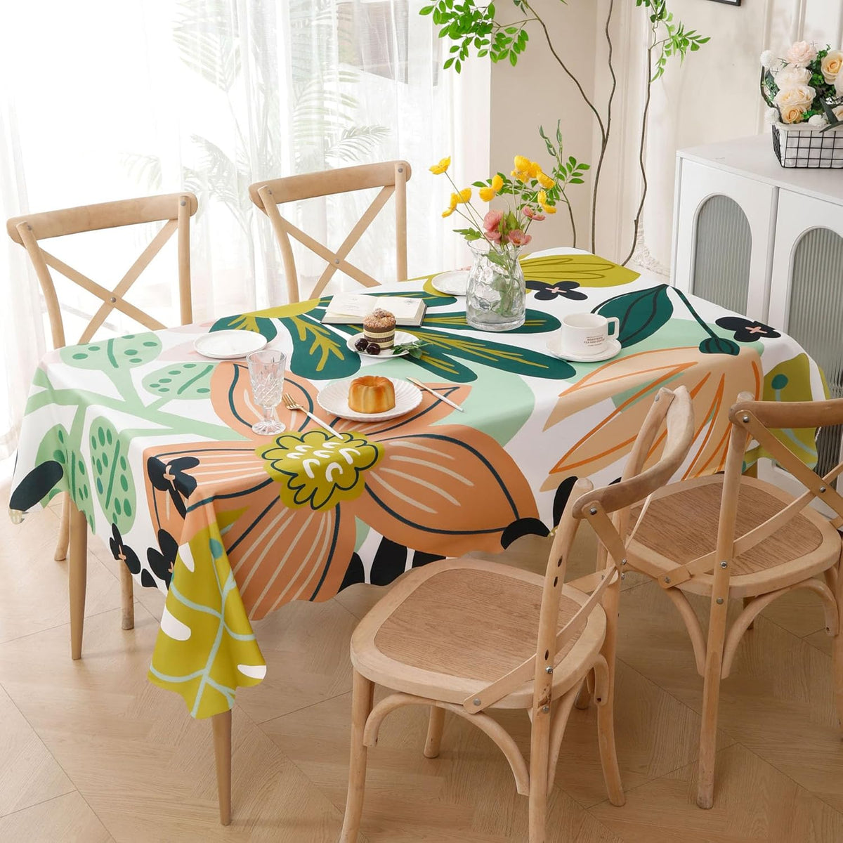 Tyrot Scalloped Boho Floral Rectangle Table Cloth Farmhouse Waterproof Stain Resistant Tablecloth Mid Century Botanical Indoor Outdoor Table Covers for Kitchen Dining/Party, 60x84, Green Pink