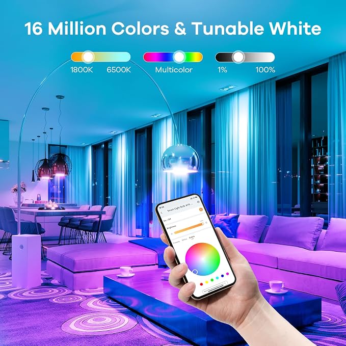 Linkind Smart Light Bulbs, Smart Bulbs Work with Alexa, Google Home, AiDot, LED Color Changing Light Bulbs & Tunable White, DIY Light Show, Dotis AI, 2.4GHz Wi-Fi Bluetooth, A19 E26 60W 800LM 1 Pack