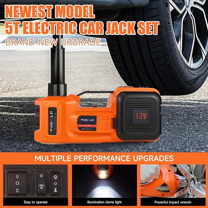 E-HEELP Electric Car Jack Kit 5Ton 12V Hydraulic Car Jack Lift (Lifting Range: 6.1~17.7 inch) with Electric Impact Wrench for SUV MPV Sedan Truck Change Tires Garage Repair