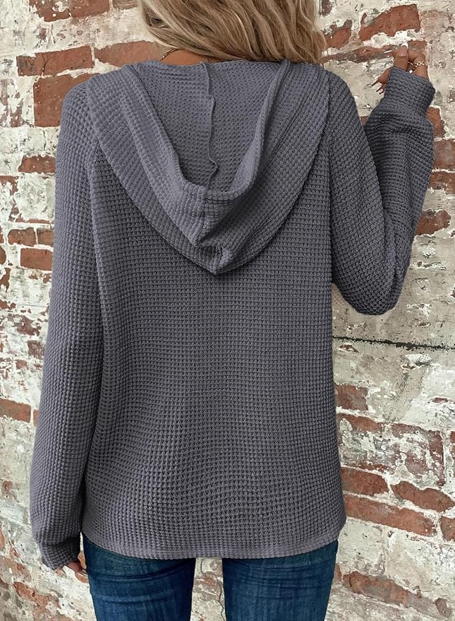 Dokotoo Hoodies for Women Waffle Knit Long Sleeve Drawstring Button V Neck Casual Sweatshirt Hooded Tops Fashion Clothing