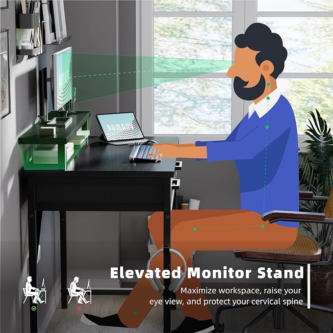 Pamray 32 Inch Small Computer Desk with Monitor Stand and 2 Drawers | Small Gaming Desk, for Bedroom Apartment and Dorm, for Study Work and Writing, Small Spaces, Sturdy, Easy Assembly