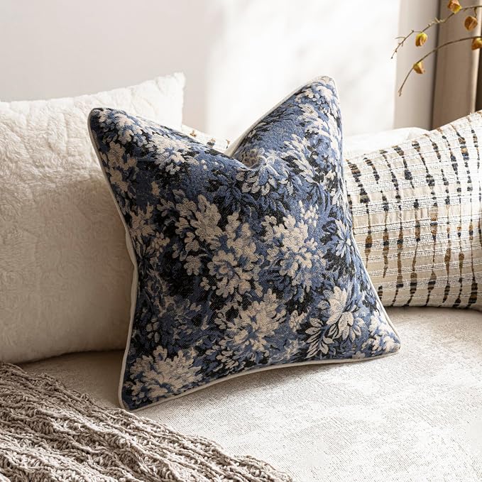 Pack of 2 Vintage Floral Euro Sham Covers 24x24 Boho Farmhouse Accents Chenille Square Decorative Throw Pillow Cases for Living Room Couch Bed Home Decor, Dusty Blue