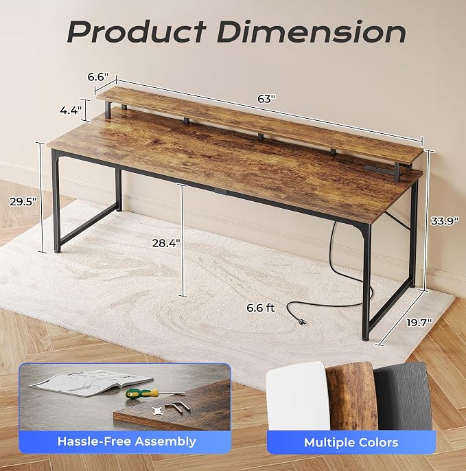 PRAISUN 63 inch Gaming Desk, LED & Outlets, Monitor Stand, Rustic Brown | Sturdy PC Desk for Home Office, Study & Work, LED Lights, 4 AC Outlets & USB-C Charging Station