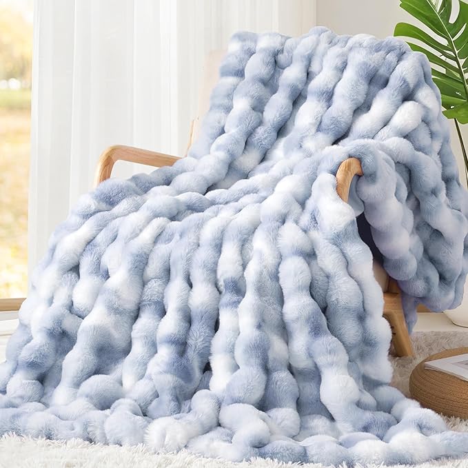 Luxury 1000GSM Faux Rabbit Fur Throw Blanket, Super Heavy Warm Cozy Grey Blankets for Couch Bed Sofa, Ruched Plush Fuzzy Elegant Soft Reversible Mink Blanket for Living Room Bedroom