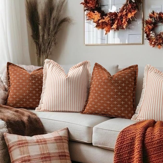 Fall Pillow 12x20 Pillow Covers Set of 2 Soft Polyester Textured Rust Pillow Covers with Stylish Flange Edge Cozy Farmhouse Throw Pillows for Couch Bed Sofa Living Room Fall Decor