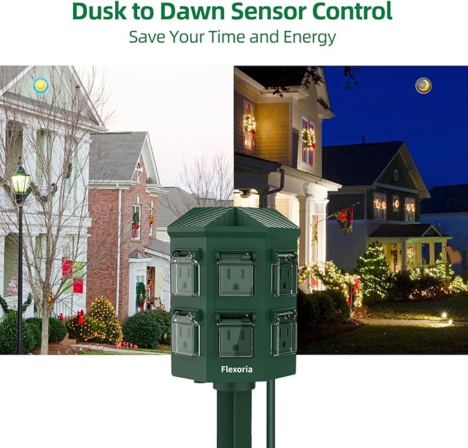 Outdoor Power Stake Timer, Remote Control Dusk to Dawn Light Timer, 100 FT Extension Cord Waterproof, 6 Grounded Outlets for Graden and Yard Decorations, ETL Listed