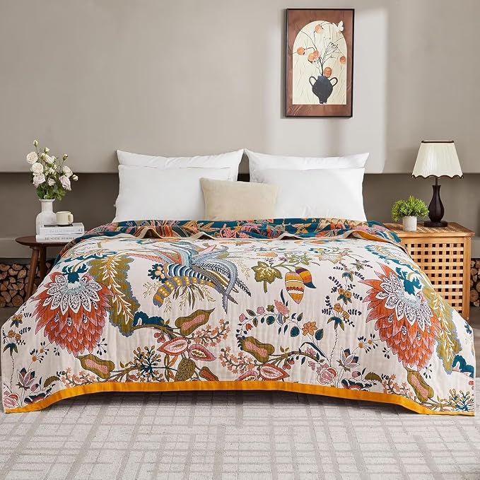 Boho Throw Blanket Farmhouse Decor Throw Blanket Bohemian Blanket for Bed 100% Cotton Muslin Woven Couch Blanket All Seasons Quilt Bedroom (J-Beige, 90"x98")