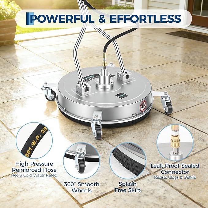 21" Pressure Washer Surface Cleaner with 4 Wheels, Dual Handle Stainless Steel Surface Cleaner for Pressure Washer Attachment for Patio, Sidewalk, Deck and Driveways