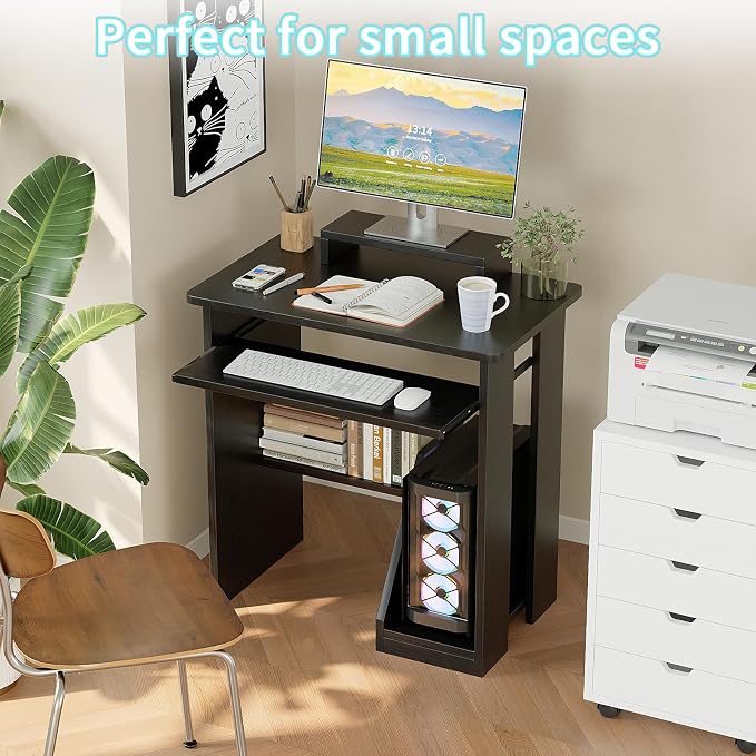 ALISENED 30 Inch Computer Desk, with Keyboard Tray & Monitor Stand | Compact Desk for Space-Saving, Ergonomic Study Desk with Storage Shelves for Writing, Gaming, Working, Black