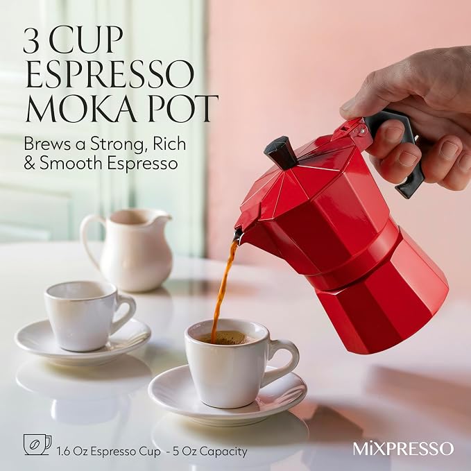 Mixpresso 3 Cup Moka Pot Stovetop Espresso Maker, Italian Cuban Coffee Pot | 5oz aluminum Italian coffee maker for gas and electric stovetops, small design for traditional coffee at home, Mug 4.4 Oz