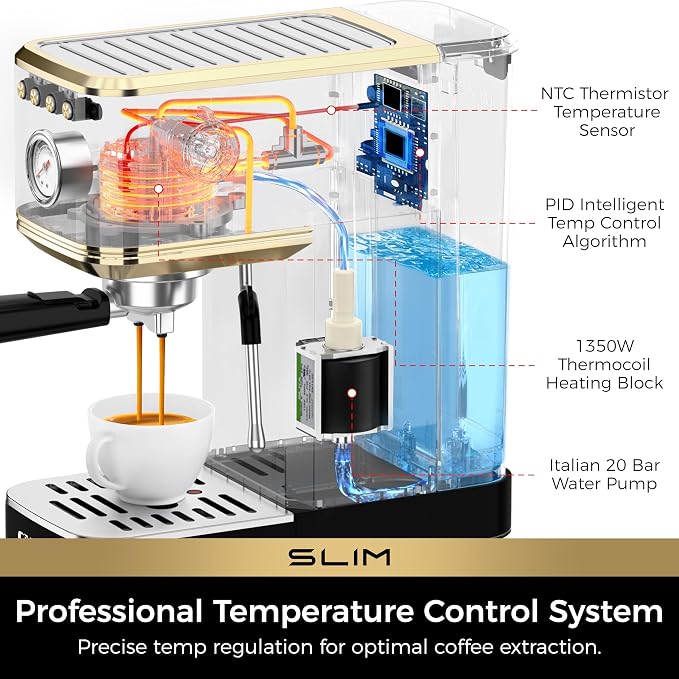 CHULUX Slim Espresso Machine with Milk Frother for Home Latte, Black & Gold | Precise Pressure Gauge, Food-Grade Materials, 20 Bar Italian Pump, Professional Temperature Control System, Stainless Steel