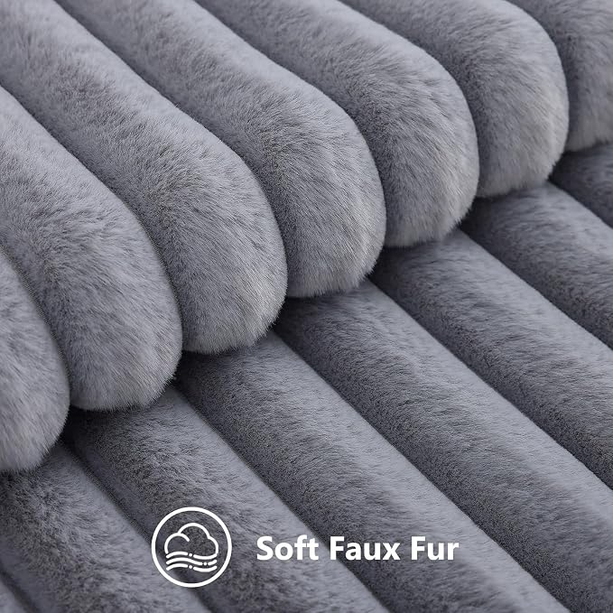 decorUhome Fall Faux Fur Throw Pillow Covers 22x22 Set of 2 Grey | Decorative Soft Cozy Striped Plush Modern Farmhouse Boho Couch Pillow Cases Velvet Back for Sofa Bed Living Room Home Decor