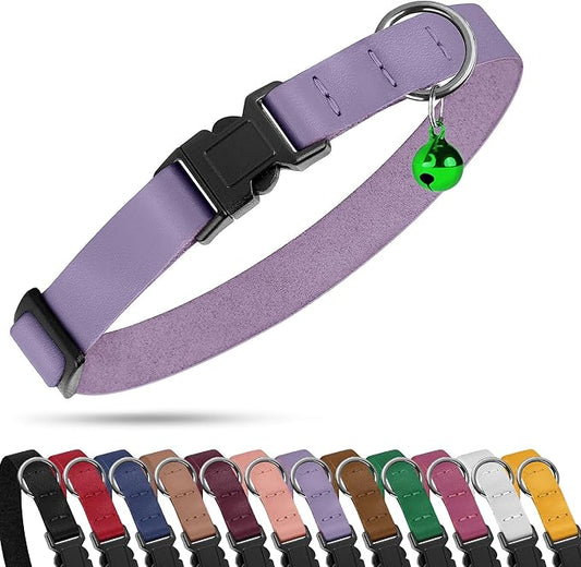 Breakaway Cat Collar with Bell - Leather Adjustable Kitten Collars with Safety Quick Release Buckle - Soft Small Pet Collars for Girl & Boy Cats (Lavender)