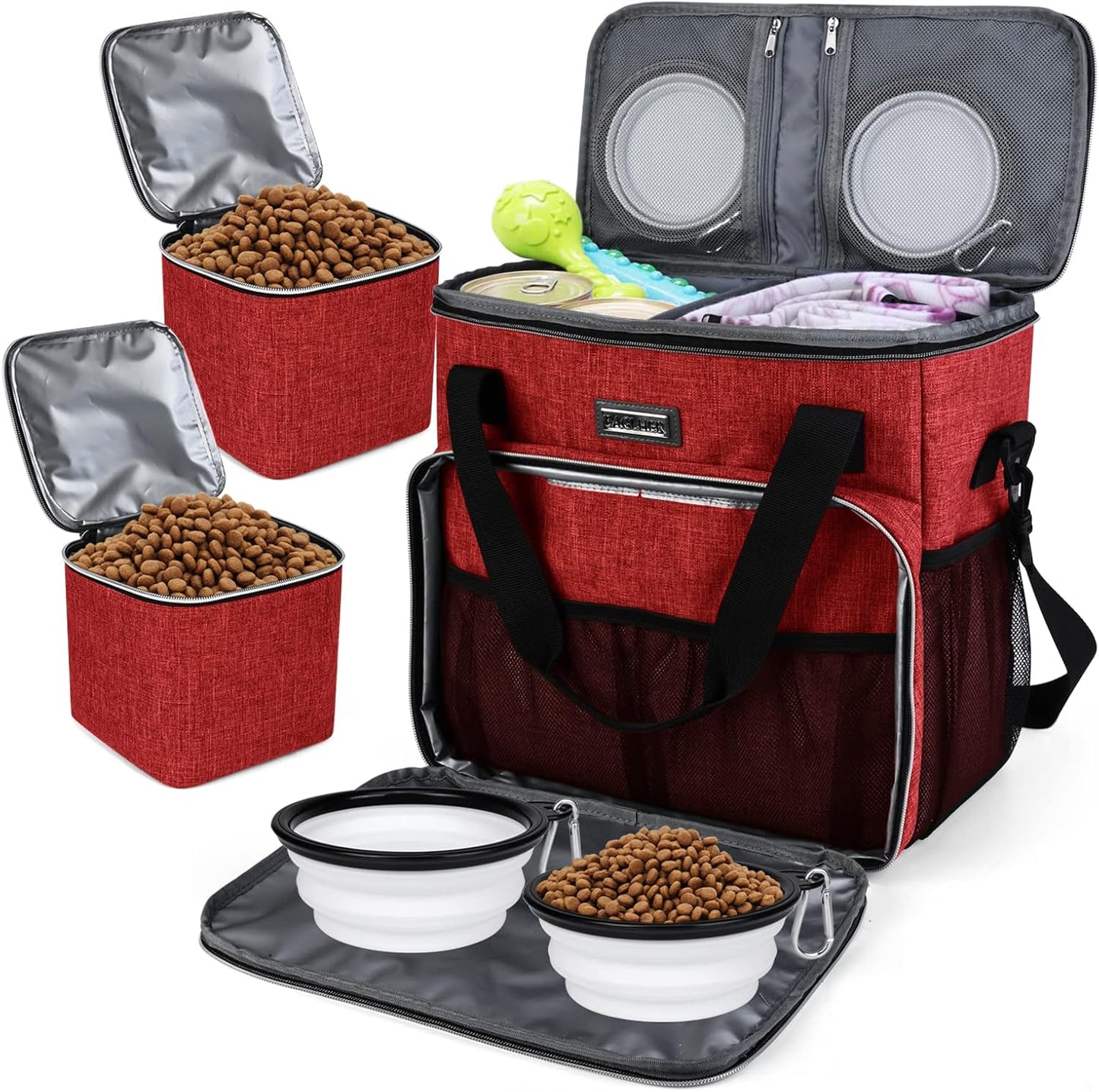 BAGLHER Dog Travel Bag, Pet Travel Bag (ALL Pet Travel Supplies), With 2 Pet Food Containers and 2 Collapsible Silicone Bowls; Essential Kits for Pet Travel Red