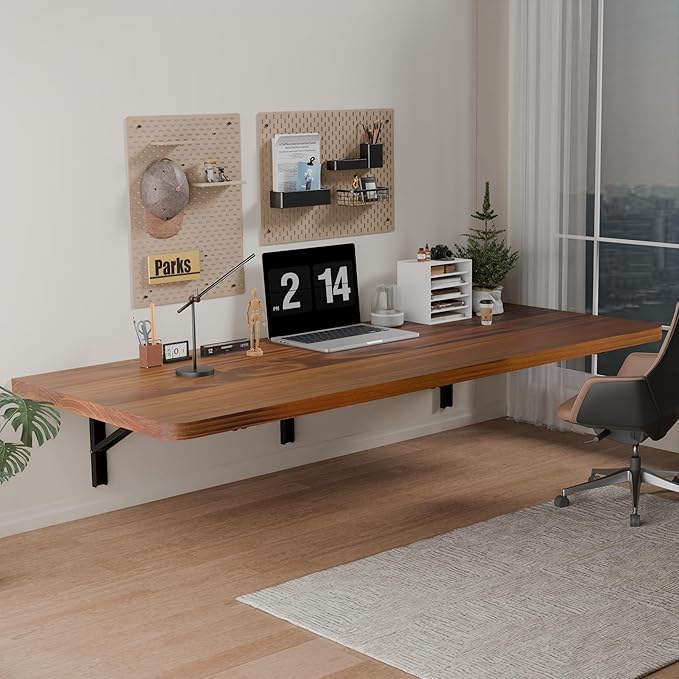 IAE Floating Wall Mounted Folding Table Desk with Pine Wood,55" x 22" Foldable Workbench,Fold Down Wall Mounted Foldable Desk with Shelf Brackets,Laundry Folding Table for Home,Dining,Kitchen,Teak
