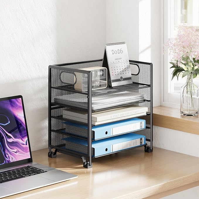 Simple Trending 5-Tier Paper Tray Organizer, File Organizer for Desk, Black | Letter Tray Holder with Handle. Sturdy Metal Frame. Non-slip Feet. Black for Office Home School. 13.25"L x 9.25"W x 13"H