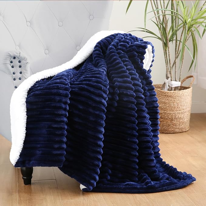 Navy Blue Sherpa Fleece Throw Blanket 50”×60” for Couch Sofa Bed | Double Side Soft Fuzzy Cozy Plush Thick Flannel Blanket with Striped Design Gift for Adults,Woman