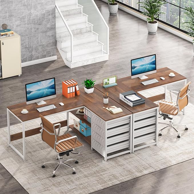 Tribesigns L Shaped Computer Desk with Storage Drawers, 59 inch Corner Desk with Shelves, Reversible L-Shaped Office Desk Study Writing Table Workstation for Home Office, Walnut & White