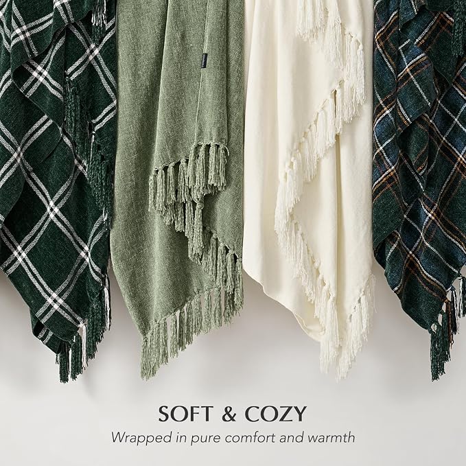 Chenille Knit Throw Blanket for Couch, 50"x60", Sage Green | Cozy Plush Fuzzy Knittd Throw with Tassels, Lightweight, Decorative, Farmhouse Decor, Ideal for Bed Sofa Gift, All Seasons