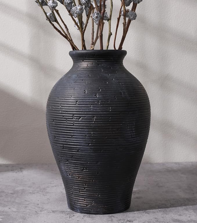 Ceramic Flower Vase Home Decor, 9 in Farmhouse Table Vases Rustic Vintage Living Room Kitchen Bedroom Pottery Decorative Vases for Flowers House Shelf Office Coffee Desk Dining Entryway, Black Gold