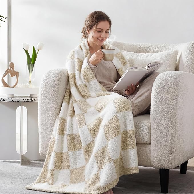 Soft Checkered Throw Blanket for Couch-Cozy Warm Knitted Blankets | Lightweight Warm Fluffy Decor for Women, Mom, Her & Girls, Sofa, Chair, Bed, 50x60in,Beige