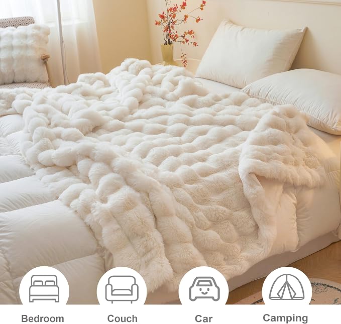 LIFEREVO Luxury Fluffy Faux Rabbit Fur Throw Blanket 50x60, Beige | Plush Shaggy Bubble Blanket for Bed Couch Sofa Office, Decorative Soft Cute Furry Ivory Throw for Kids Teens Adults, Washable