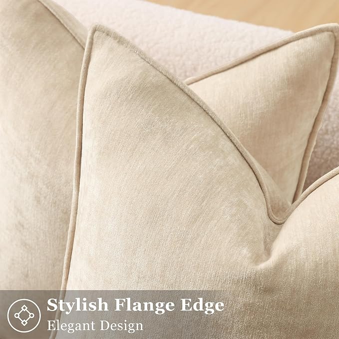 decorUhome Chenille Beige Velvet Throw Pillow Covers 16x16 Set of 2 | Fall Soft Couch Decorative Modern Farmhouse Pillow Cases with Elegant Design for Sofa Bed Living Room Home Decor