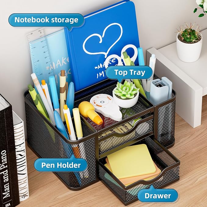 Marbrasse Mesh Desk Organizer, Pen Organizer with 2 Drawer, Multi-Functional Pencil Holder, Desk Organizers and Accessories with 5 Compartments + Drawer for Office Art Supplies (Black)