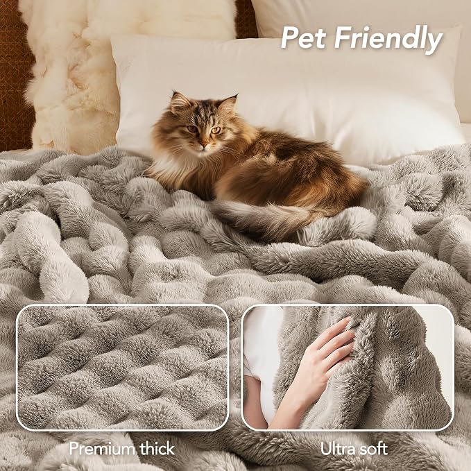 L'AGRATY Faux Rabbit Fur Throw Blanket for Couch, 60'' x 80'', Castle Grey | Soft Cozy Bubble Fluffy Blanket for Sofa Bed, Thick Warm Plush Fuzzy Throw for Room Home Decor, Luxury Gift for Women Mom