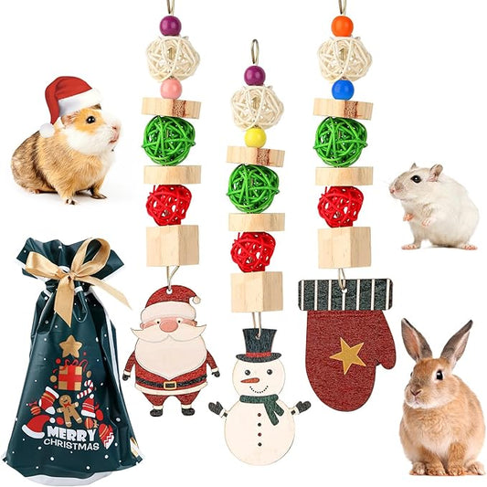 Abizoo Christmas Guinea Pig Chew Toys,3 Pcs Rabbit Chew Toys Hamster Bunny Treats Wood for Chinchilla,Hanging Christmas Themed Decor Cage Accessories for Small Animals pet Teeth Enrichment Gifts