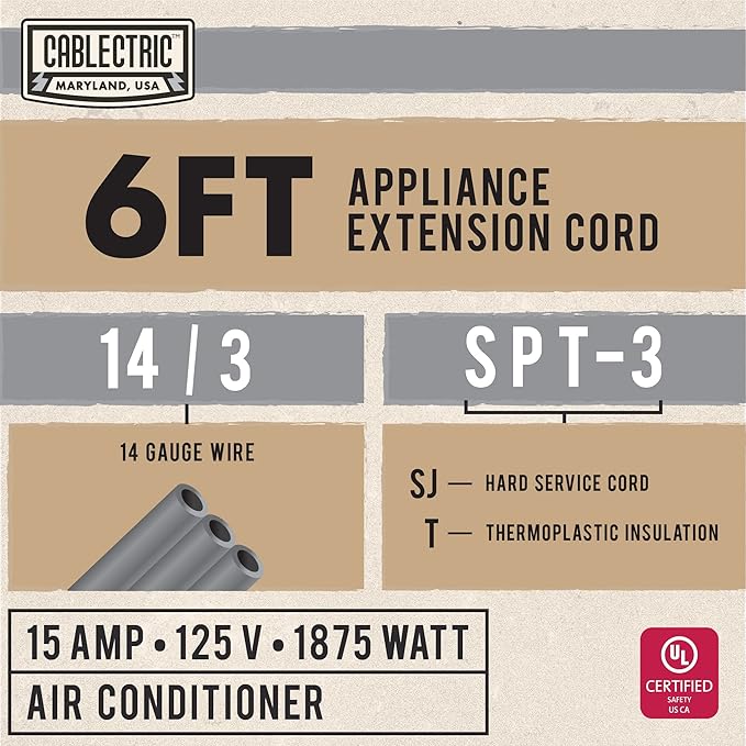 6 Foot Appliance Extension Cord, Gray - 14 Gauge 3 Prong SPT-3 Heavy Duty Cable for Major Appliances
