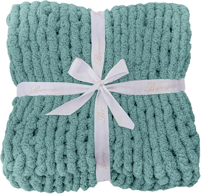 Bigacogo Chunky Knit Throw Blanket for Couch, 40x40 inches, Light Teal | Hand Knit with Jumbo Chenille, Soft Breathable Cable Knit for Sofa Bed Living Room, Machine Washable, Gift for Mom Friend