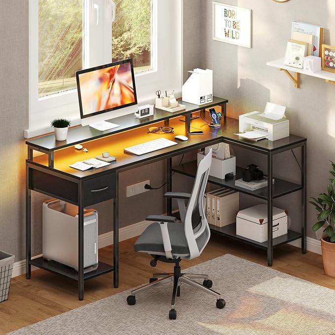 DUMOS 53 Inch Gaming Desk, L Shaped Desk, LED Lights | Monitor Stand, Storage Shelves, Computer Table, USB Charging Ports, Power Outlets, Small Spaces, Black