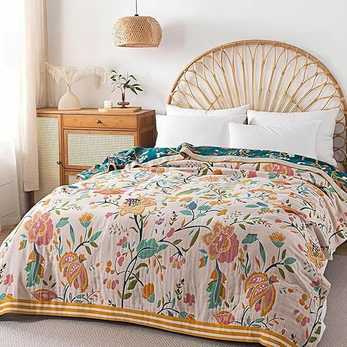 Boho Throw Blanket for Bed 100% Cotton Bohemian Blankets Ultra Soft Woven Muslin Decorative Blankets All Seasons Vintage Quilt Knitted Blanket for Sofa Chair(Yellow, 90"x98")