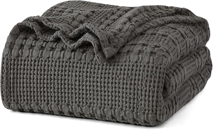 PHF 100% Cotton Waffle Weave Blanket Queen Size, Lightweight Breathable Summer Blanket for Hot Sleepers, Pre-Washed Soft Layer for Bed, Couch, Aesthetic Home Decor & Gift, 90"x90", Charcoal