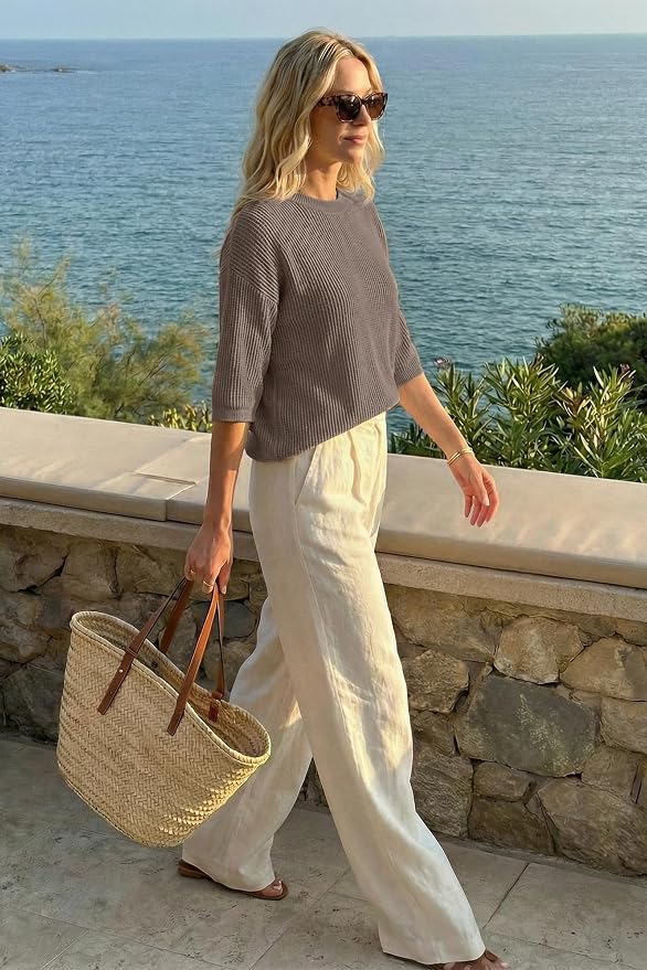 Arach&Cloz Womens Summer 100% Cotton Oversized Crochet Tops 3/4 Length Sleeve Sweater Hollow Out Casual Blouses 2026