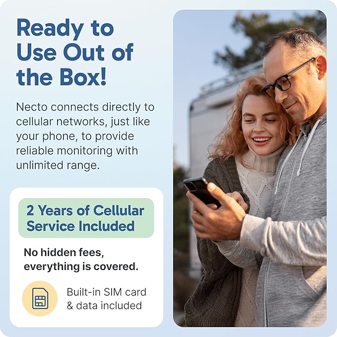 Necto Cellular Temperature Monitor - Remote Power Failure Alarm & Humidity Sensor with Unlimited Alerts. Temp Monitoring System for RV Pet Safety, Vacation Home, Server Room. No Fees or WiFi Required